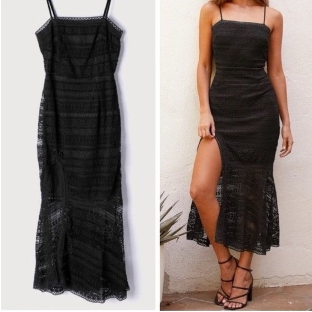 Lulus Black Lace Mermaid Midi Dress Square Neck High Slit Spaghetti Strap NWT